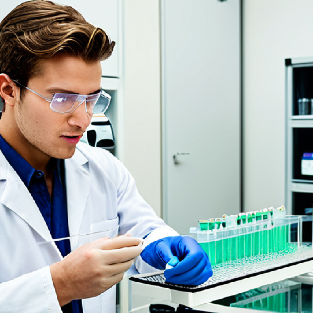 **

A young environmental technician, named Marco, in a brightly lit laboratory, analyzing water samples with sophisticated equipment. He's wearing a lab coat and safety glasses. In the background, other lab technicians are working on different analyses. The overall impression is one of scientific rigor and dedication to environmental protection, specifically related to ARPA and water quality.

**