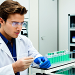 **

A young environmental technician, named Marco, in a brightly lit laboratory, analyzing water samples with sophisticated equipment. He's wearing a lab coat and safety glasses. In the background, other lab technicians are working on different analyses. The overall impression is one of scientific rigor and dedication to environmental protection, specifically related to ARPA and water quality.

**