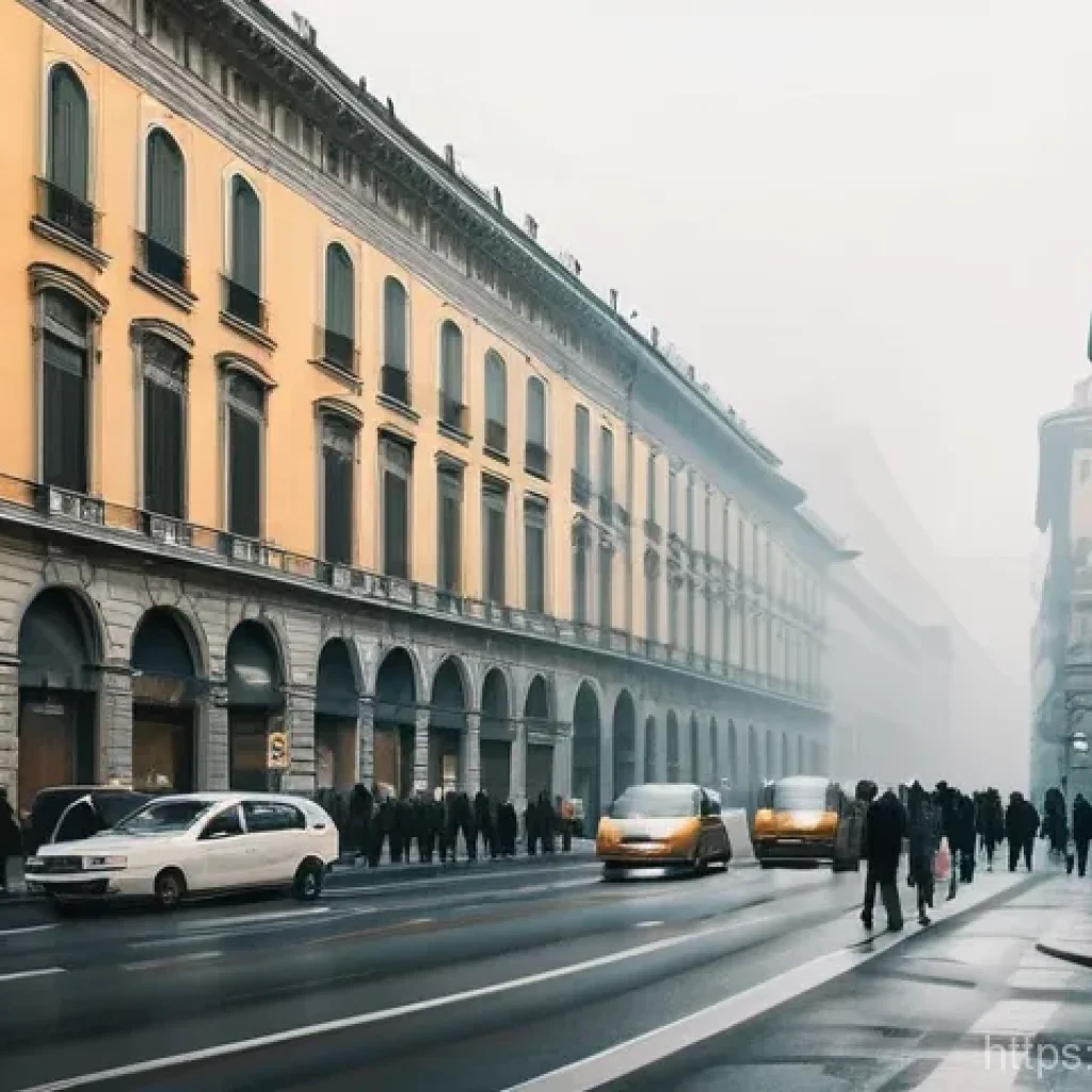 대기오염물질 분석 사례 업무 일기 - **Prompt:** A bustling street scene in Milan during a hazy, cold winter morning. The air appears vis...