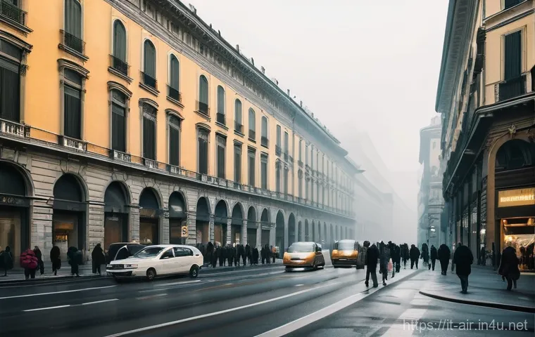 대기오염물질 분석 사례 업무 일기 - **Prompt:** A bustling street scene in Milan during a hazy, cold winter morning. The air appears vis...