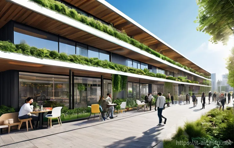 대기환경기사와 관련한 필수 법규 요약 - The scene showcases innovative eco-friendly architecture, such as buildings with integrated vertical...