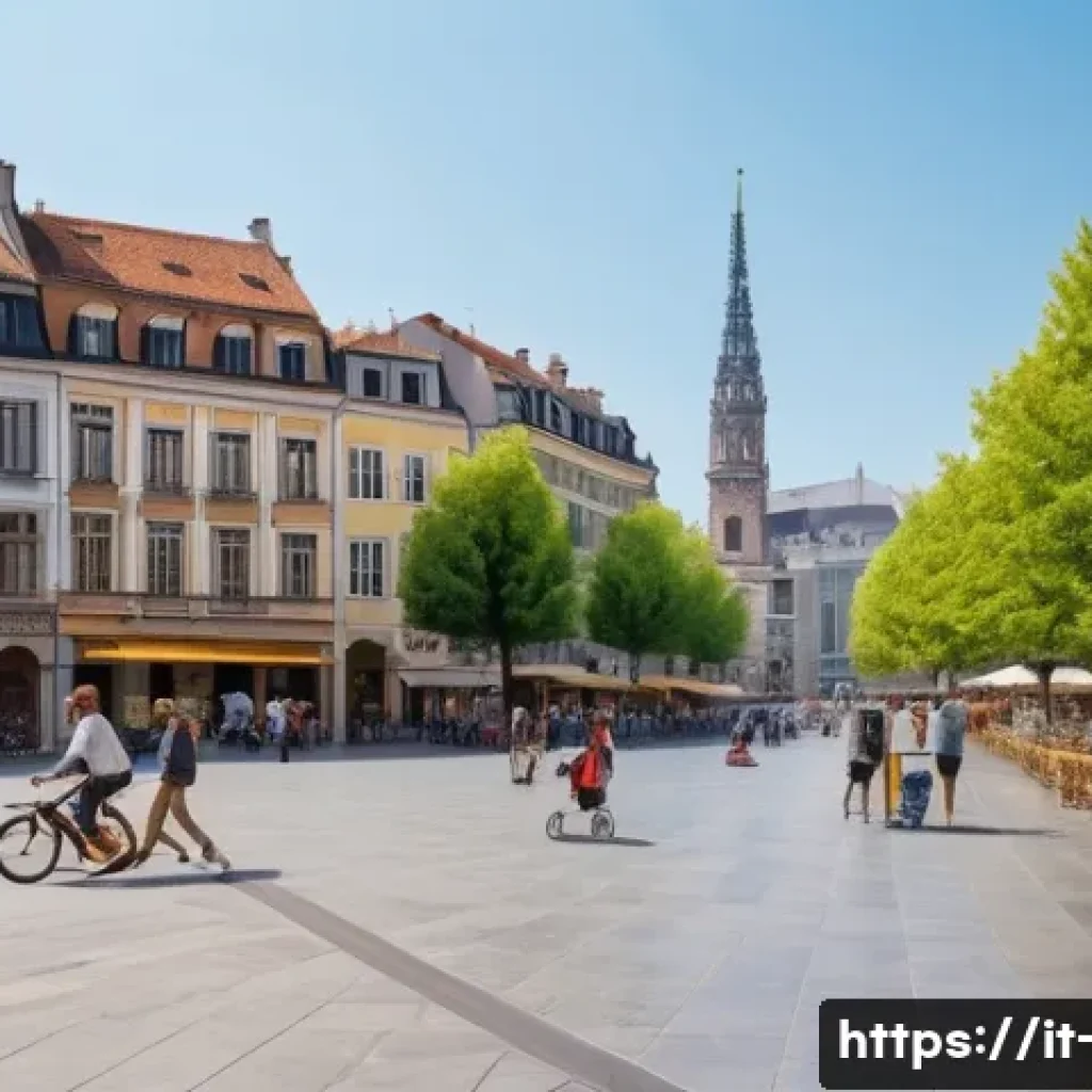 대기오염물질과 기후변화의 관계 분석 - A bustling European city square, on a day where the sky is subtly hazed over with a yellowish-gray t...