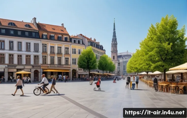 대기오염물질과 기후변화의 관계 분석 - A bustling European city square, on a day where the sky is subtly hazed over with a yellowish-gray t...