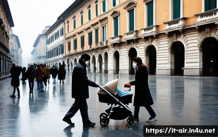 대기오염과 건강 실무자의 시각 - **Prompt:** A bustling, atmospheric street scene in an Italian city, such as Milan or Turin, on an o...