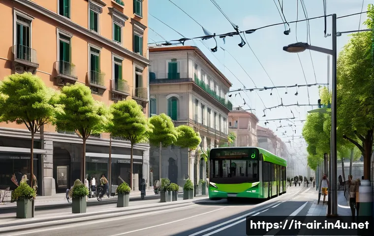 대기환경 관리 기술의 발전사 - A detailed urban scene in a modern Italian city showing a network of miniaturized wireless air quali...