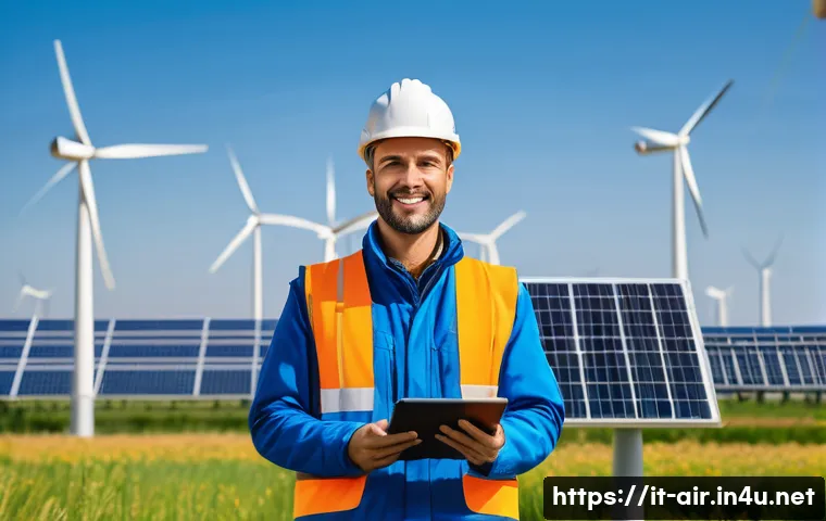 대기환경기사 취업 우대 기업 - A professional environmental technician wearing safety gear and a company-branded uniform, standing ...
