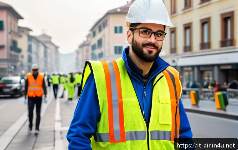 대기환경 이직 후 직무 만족도 후기 - A dynamic urban air quality technician installing advanced air pollution sensors on a busy Italian c...