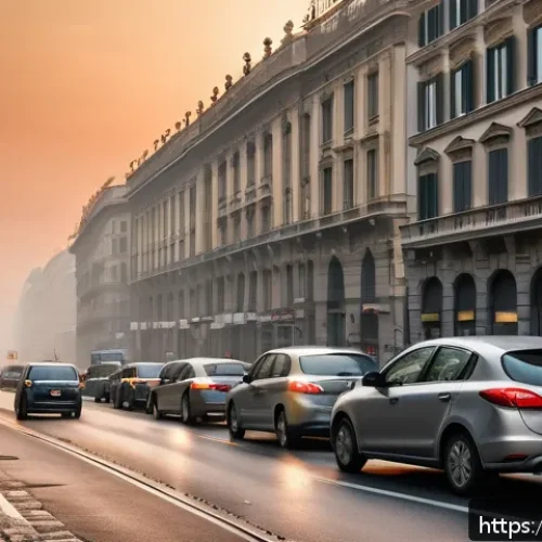 대기오염물질 종류 및 특성 정리 - A detailed urban street scene in Milan during rush hour, showing dense traffic with numerous gasolin...