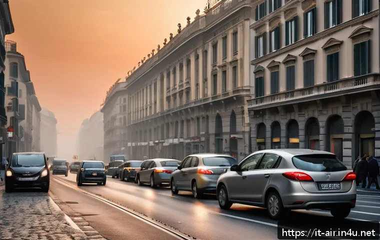 대기오염물질 종류 및 특성 정리 - A detailed urban street scene in Milan during rush hour, showing dense traffic with numerous gasolin...