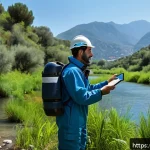 대기환경기사 학원과 독학 비교 - A professional environmental technician in Italy wearing practical workwear and safety gear, standin...