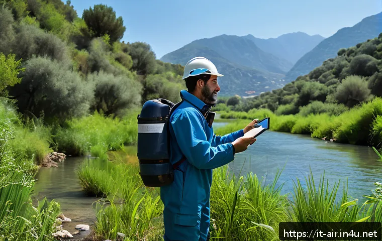 대기환경기사 학원과 독학 비교 - A professional environmental technician in Italy wearing practical workwear and safety gear, standin...
