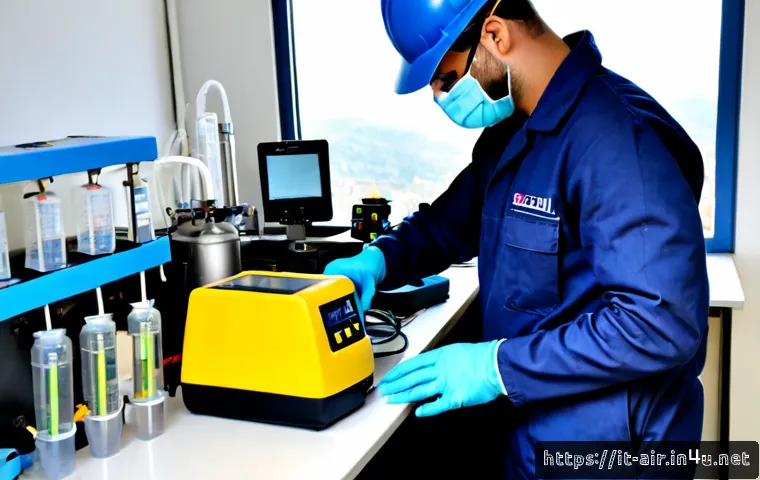 Home 17 대기환경기사 실기 필수 장비 - Photorealistic environmental monitoring practical exam workspace in Italy, an Italian technician wea...
